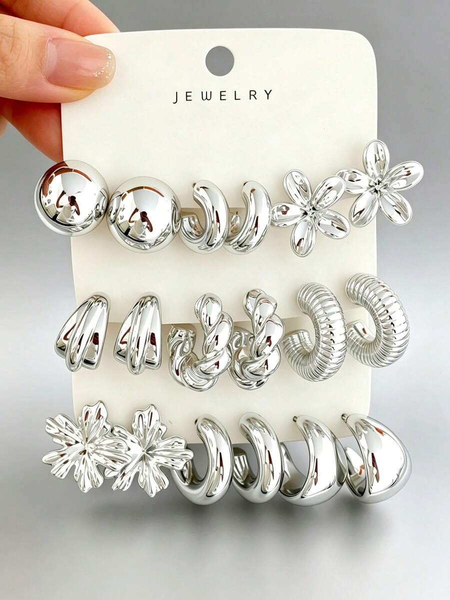 6-18pcs Silver C-Shape/Five-Leaf Flower/Cat Claw/Water Drop/Ball Stud Earrings Set, Fashionable & Elegant, Suitable For Summer And Various Occasions - Silver - View 1