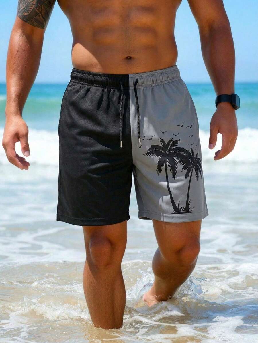 Men's Casual Coconut Tree Print Shorts, Men's Beach Shorts, Men's Printed Colorblock Shorts Sports - Black - View 1