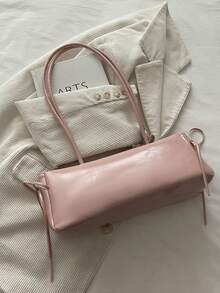 New Retro Fashion Square Bag, Zipper Opening, Belt Bow Decor, (Comes With Pendant), Lightweight Minimalist, Solid Color Soft Leather Dual Handle Shoulder Bag, Suitable For Women's Daily Life, Commuting, Work, Vacation And Student Use - Baby Pink - View 5