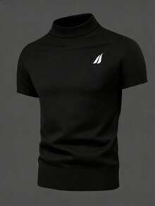 Men's Casual Fashionable Versatile Minimalist Printed Half-Turtleneck Short Sleeve T-Shirt, Summer - Black - View 1