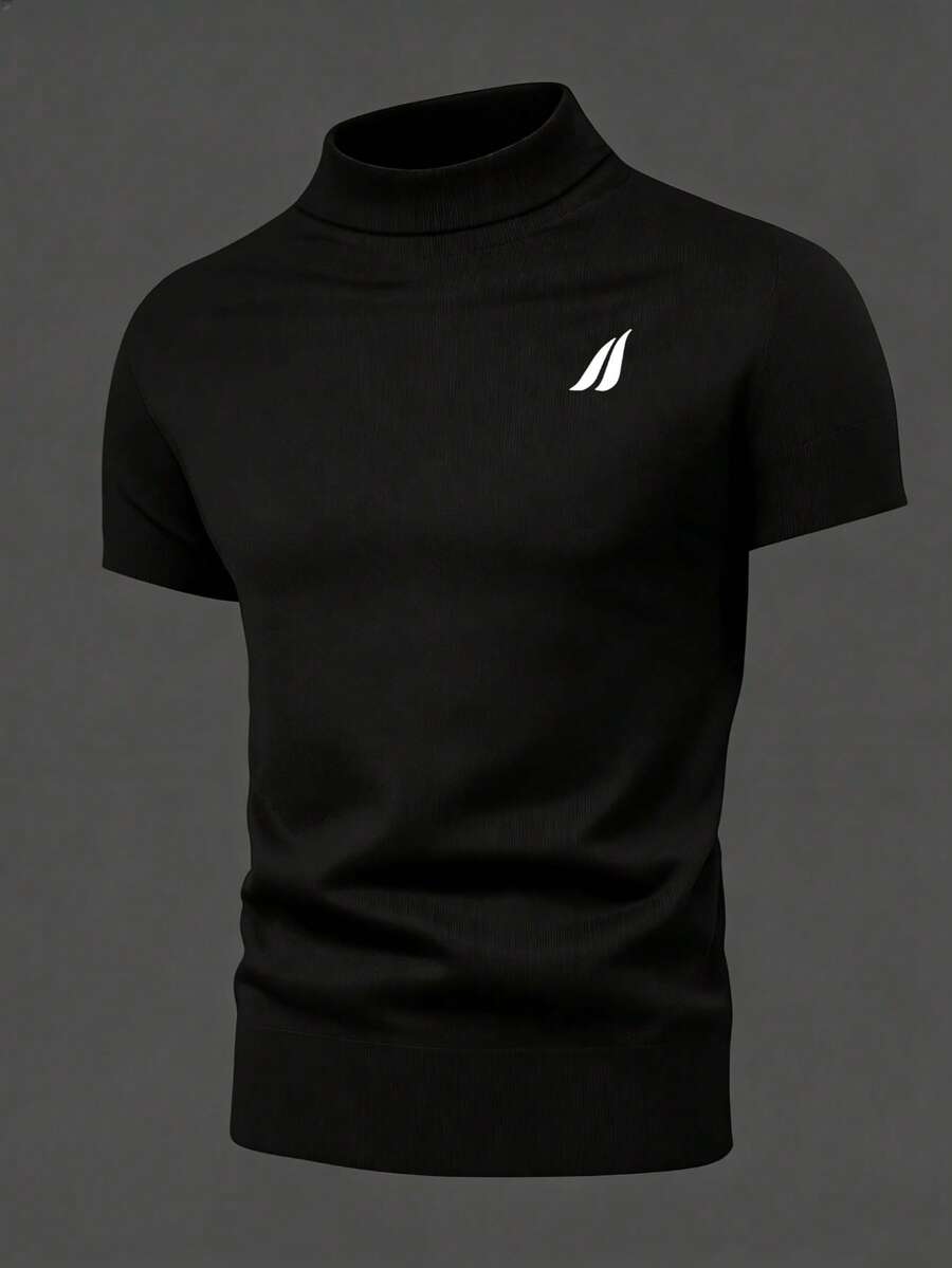 Men's Casual Fashionable Versatile Minimalist Printed Half-Turtleneck Short Sleeve T-Shirt, Summer - Black - View 1