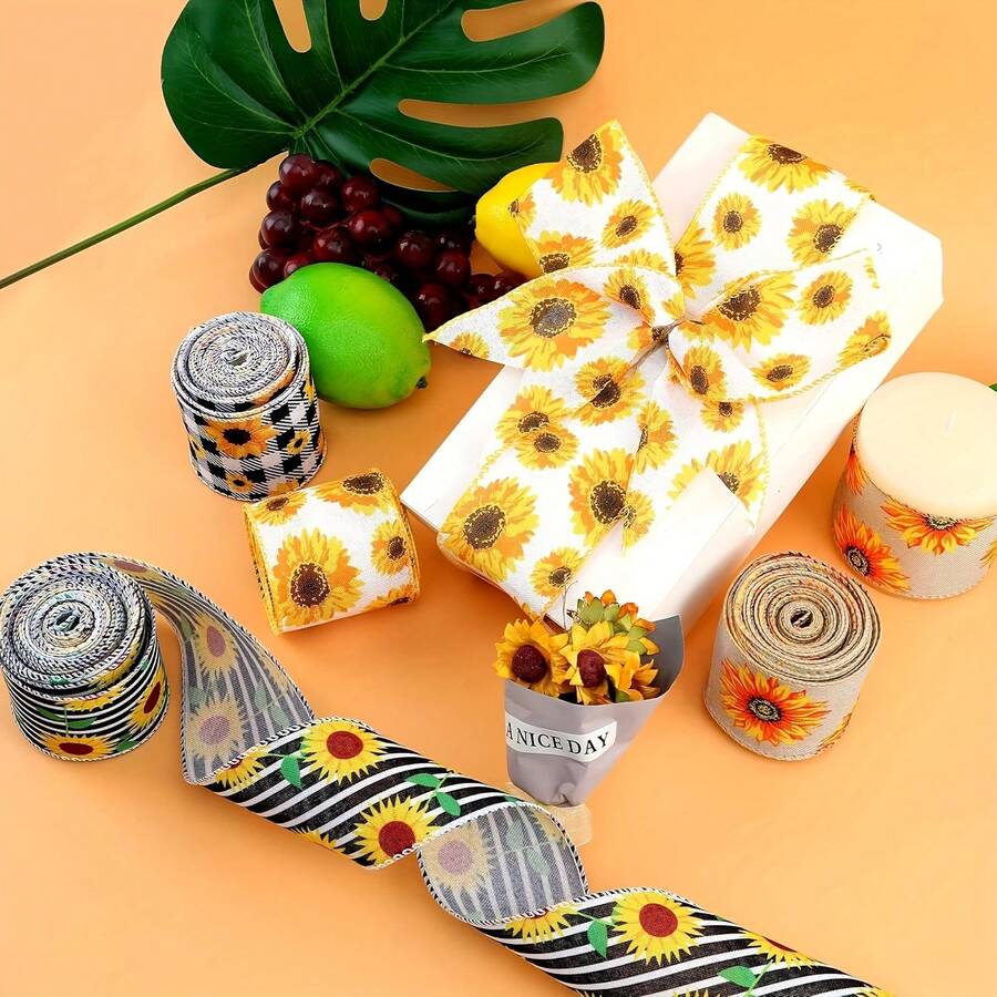 4 role panglică galbenă cu muchie de albină, cu sârmă, cu model de miere, cu punct, pentru coroană, pentru vara, Ziua Profesorilor, Paște, cusut, DIY, artizanat, material textil, panglică galbenă de pânză de sac, pentru funde, împachetat, petrecere decorativă - 4 pachete - Vizualizare 1