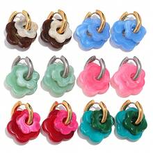 一对时尚不锈钢圈形耳环，配亚克力花朵吊坠，适合女性日常及节日佩戴，多巴胺花朵圈形耳环，派对饰品礼品 - 花 - 查看 12