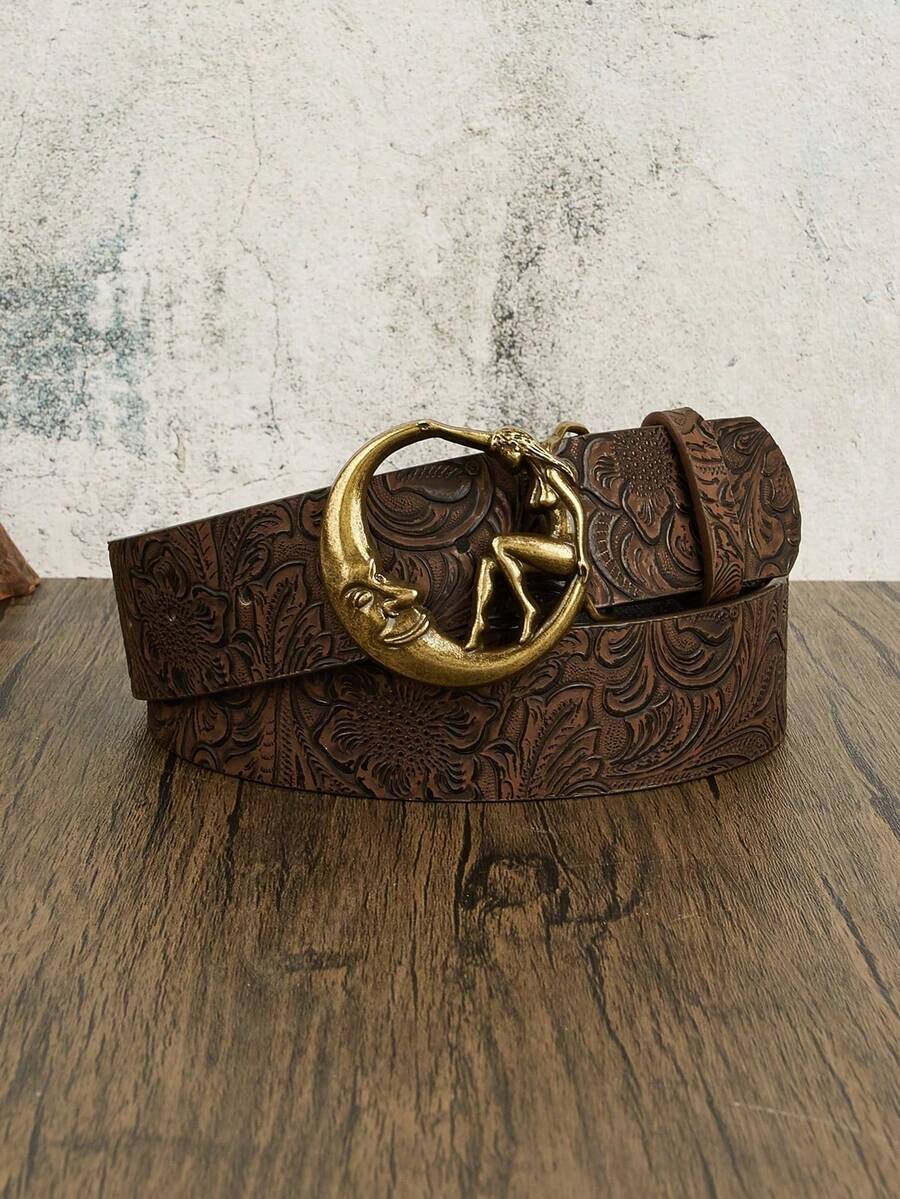 1条波西米亚复古青铜色新月形金属黑色压纹图案牛仔腰带，适合搭配牛仔裤，休闲、户外、派对、四季皆宜、返校季、女士、母亲节、生日礼物 - 咖啡色月亮 - 查看 1