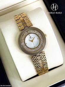 Pablo Raez 1pc 18K Gold Jewelry Women's Watch Luxury Rolling Rhinestone Fashion Watch Stainless Steel Heavy Bracelet Chain Romantic Vintage Gold Top Brand New AAA Quality Original Charming Elegant High-End Clock Fashion Design Quartz Watch Diamond Dial Girls Popular Watch 50M Waterproof Solid Steel Metal Bracelet Jewelry Clasp Brand Logo Casual Teen Cute Pretty Teacher Gift Suitable For Daily Life/Work/Party Decoration Birthday Graduation Wedding Gift - one-size - View 2