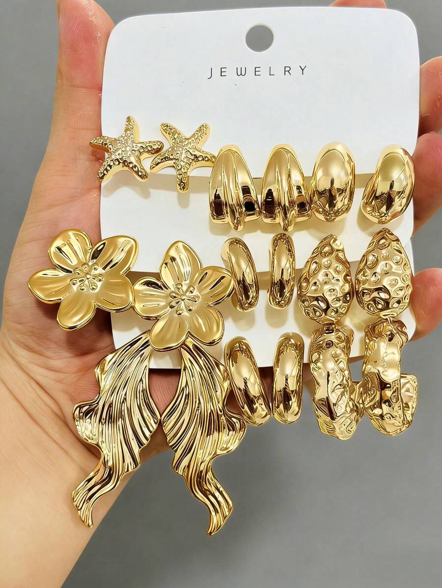 6/18pcs Fashion Earring Set, Suitable For Daily And Festival Wear, Made Of ABS Resin With UV Plated Non-Fading Gold Finish - Gold - View 1