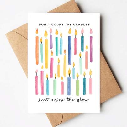 1 Thiệp chúc mừng sinh nhật "Đừng đếm nến" kèm phong bì, thiết kế màu nước lung linh dễ thương, lời chúc đầy cảm hứng, bên trong để trống.
