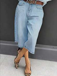 Women's Casual Bermuda Denim Shorts With Pockets, Zipper And Button Details, Slightly Stretchy Fabric, Suitable For Daily Wear Summer - Light Blue - 查看 7