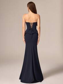 Vestido de noche elegante y digno de mujer de lujo, suave, con patchwork de encaje azul marino de VIPGIRL - Azul Marino - Ver 2