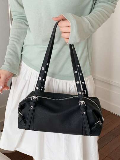 1pc Fashion Minimalist Chic Shoulder Bag, Pillow-Shaped PU Leather Handbag With Clasp Design, Elegant Large Capacity Tote Bag Suitable For Outings, Shopping, Commuting