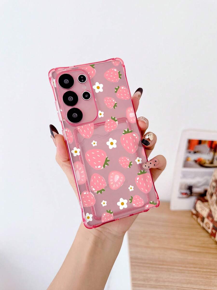 1 chiếc ốp lưng điện thoại TPU màu hồng trong suốt họa tiết dâu tây, chống sốc, có ngăn đựng thẻ, tương thích với Apple 6s, 7, 8 Plus, X, XR, XS, 11, 12, 13, 14, 15, 16, 17 Pro Max Mini Plus Air, Galaxy A14, A54, A56, A31 4G, A23, Note 8 Pro, Note 14 Pro 4G, Note 12 4G, A98, S24, S25 Ultra, 15 Pro Ultra, 17 Pro Max - Nhiều màu - Xem 1