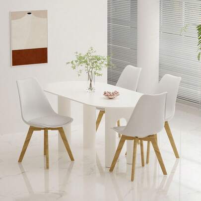 Modern Dining Chair Set Of 4, PU Leather Kitchen Chair With High Back, Tulip Chair With Solid Wood Legs With Cushion And Back Cushion For Living Room Bedroom Dining Room (White, 4 PC)