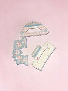 1/3个可爱清新甜美时尚爱心格子蝴蝶结发夹，适合日常使用 - 彩色 - 查看 4