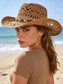 1pc Women's Outdoor Beach Western Hat, Sun-Shading Straw Hat, Bohemian Panama British Gentleman Hat, High-End Suitable For Beach Vacation,Summer - A - View 2