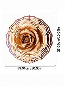 1个金色玫瑰风铃 - 360°旋转挂钩，10x10英寸金属室内/室外装饰风车，无需电池，DIY创意艺术品，适用于花园、露台和家居，2D平面设计 - 1PC - 查看 3