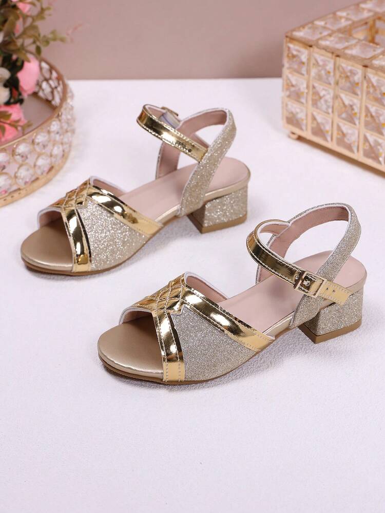 Girls' Gold Sequin Sandals, Metallic Shiny Criss-Cross Design, Comfortable Chunky Heel Princess Shoes, Suitable For Flower Girl, Wedding, Performance, Party - Gold - View 6