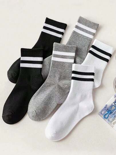 3/6 Pairs Black/White/Gray Striped Solid Color Mid-Calf Socks, Suitable For Outdoor Activities, Casual Socks For Teenagers, All Season Wear, Thick Socks, Tall Socks, Comfortable Soft, Minimalist Versatile
