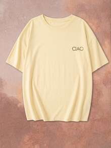 Nouveau t-shirt d'été à la mode à col rond, manches courtes, imprimé léopard et lettres. Blouse polyvalente et à la mode pour femmes - Jaune citron - Voir 6