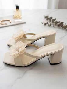 Women's Ivory Pearl Flower Decor Square Toe Heeled Mule Sandals - Beige - View 6