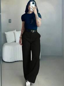 Pantalones anchos de cintura alta y ajuste ceñido en color café, estilo callejero bohemio, adecuados para uso casual, ir al trabajo y vacaciones en primavera/verano - Negro - Ver 10