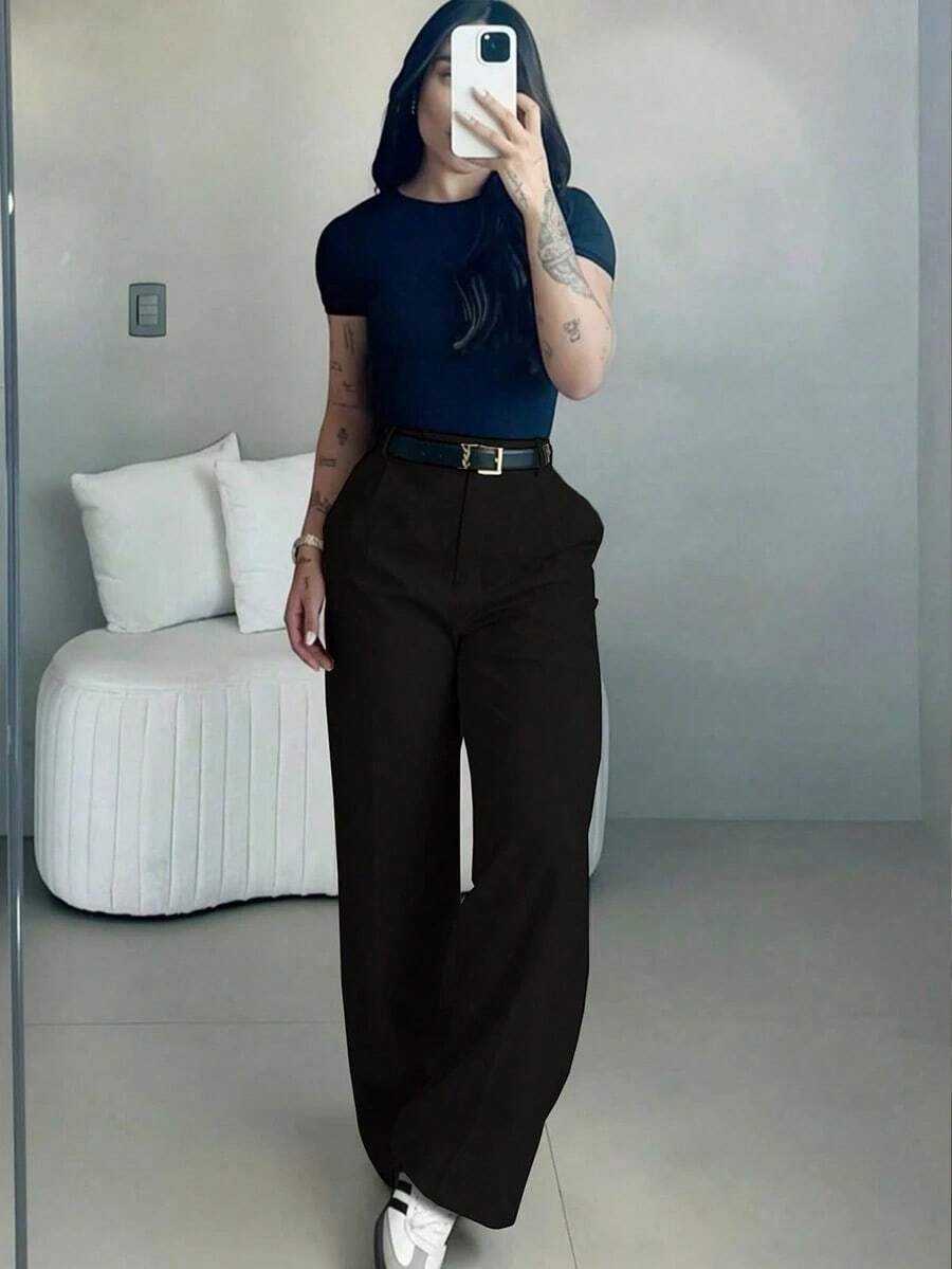 High-Waisted Wide-Leg Trousers With White Stripes, Bohemian Street Style, Suitable For Casual Wear And Going To Work In Spring/Summer (Belt Not Included) - Black - View 1