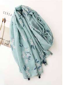 Women's Fresh Green Leaf Print Tassel Scarf, Versatile Decoration Shawl For Spring, Summer, Autumn,Beach,Holiday,Accessories,Travel Essential - Green - View 4