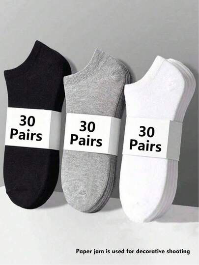 30 đôi tất ngắn unisex, tất thể thao, màu trắng/đen/xám, tất tàng hình, màu trơn, kiểu dáng tối giản, phù hợp cho trang phục thường ngày, có các gói 2/10/18/20/30/60/90 đôi.