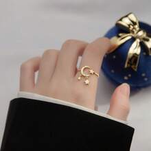 立方氧化锆月亮星星吊坠开口戒指，适合女性日常佩戴 - 金黃色 - 查看 1