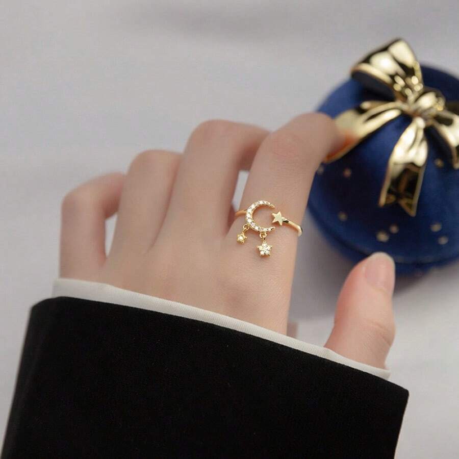 立方氧化锆月亮星星吊坠开口戒指，适合女性日常佩戴 - 金黃色 - 查看 1