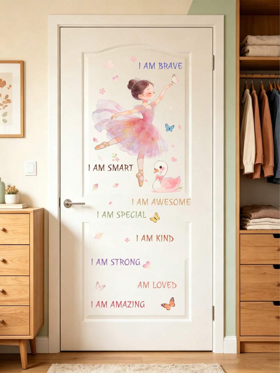 1pc Cartoon Girl Motivational PVC Wall Stickers Heart Butterfly Decorative Self-Adhesive Wall Decals For Living Room Bedroom Background - Multicolor - View 1