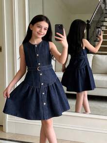 Tween GirlsSleeveless Denim Dress With Button Front, Belt, Elegant Lady Style, Navy Blue, Summer - Dark Wash - View 1
