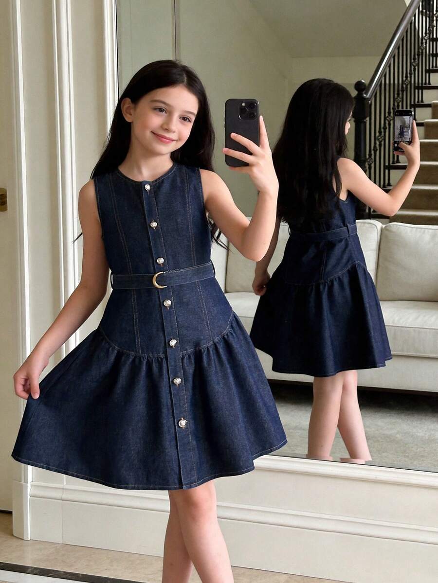 Tween GirlsSleeveless Denim Dress With Button Front, Belt, Elegant Lady Style, Navy Blue, Summer - Dark Wash - View 1