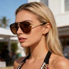 1pc Women's Retro Minimalist Large Frame Fashion Glasses, Suitable For Beach, Travel And Driving Occasions - Tortoiseshell - View 4