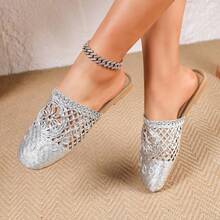 Women's Round Decorative, Comfortable Summer Vacation Fashion Slippers, Closed Toe Bohemian Style Embroidered Woven Sandals, Beach Sandals, Sandals - Silver - View 13