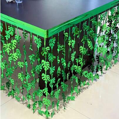 1pc 75cm X 275cm Green Mango Leaf PET Table Skirt, Green Raindrop Tablecloth, Palm Leaf Wreath, Multipurpose Party Decor - Tropical Rectangle Tablecloth Suitable For Hawaiian BBQ, Beach Party, Summer Gathering, Birthday And Holiday Events - Mechanically Manufactured Durable Decorative Cover With Smooth Glossy Surface
