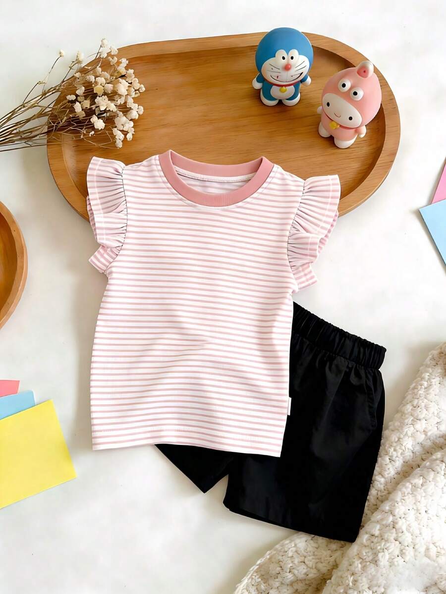 (1 Set) Girls Striped T-Shirt And Solid Color Shorts Set, New Summer Fashion Outfit - Pink - View 1