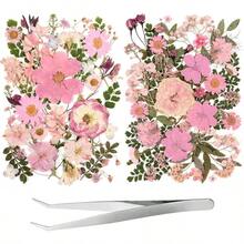 80pcs Pink Pressed Flowers Bulk, Dried Flower Leaves, Natural Pressed Dried Flowers With Tweezer Crafts Resin Mold Candles Cake Bridal Scrapbooking Supplies Local Shipping - Màu hồng, 80 cái - Xem 1