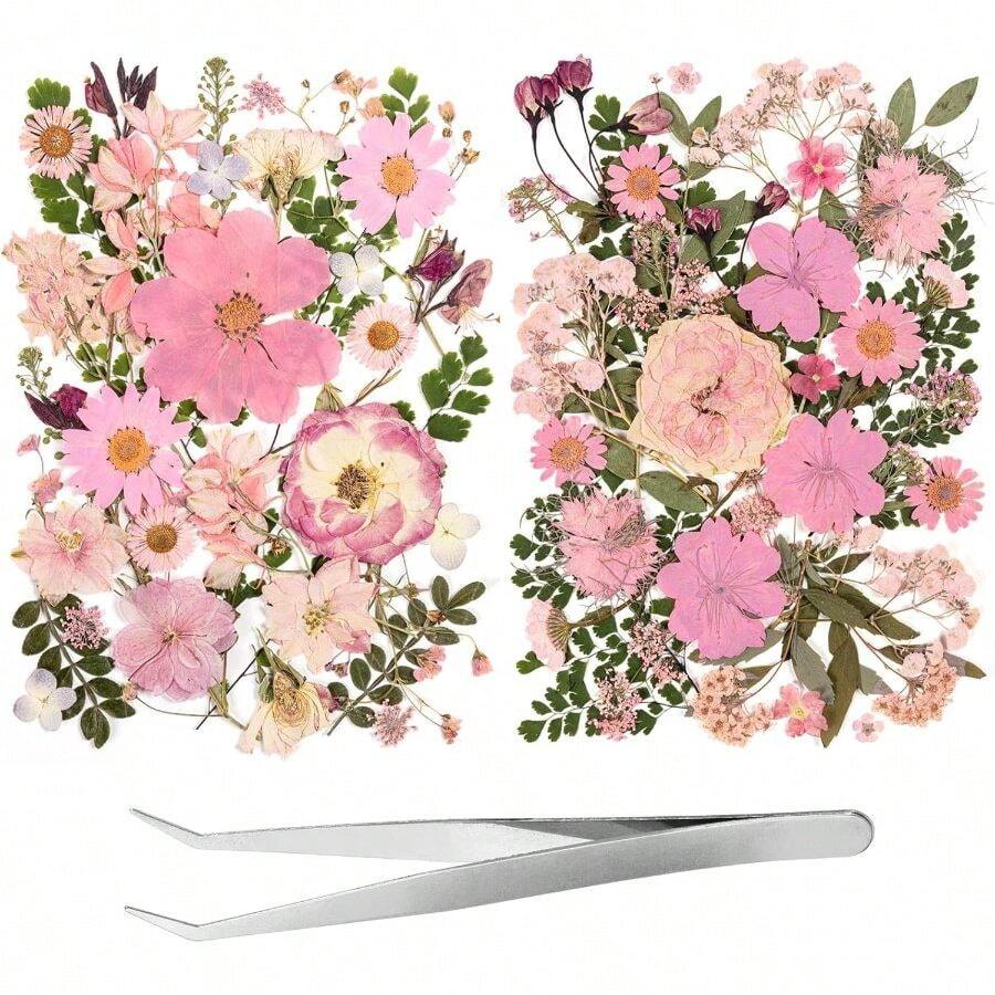 80pcs Pink Pressed Flowers Bulk, Dried Flower Leaves, Natural Pressed Dried Flowers With Tweezer Crafts Resin Mold Candles Cake Bridal Scrapbooking Supplies Local Shipping - Màu hồng, 80 cái - Xem 1