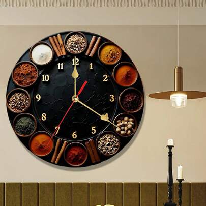 1个10/12英寸静音圆形木质钟，配有各种香料和调味料图案，石英机芯，多色金色点缀，电池供电（不含AA电池），适用于卧室、厨房、书房、车库、圣诞装饰、客厅等场所。