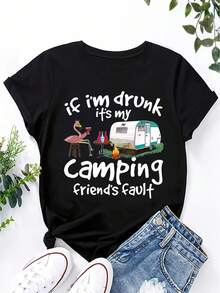 Camiseta con diseño divertido de camping para mujer con el eslogan "Si estoy borracha, es mi ilusión de acampar" y diseño de autocaravana. |   Top casual de manga corta y cuello redondo en color morado brillante |   Equipo de aventura al aire libre cómodo y lavable a máquina para todas las estaciones |   Ropa de camping |   Camiseta de Algodón Holgada Easy Print - Negro - Ver 8