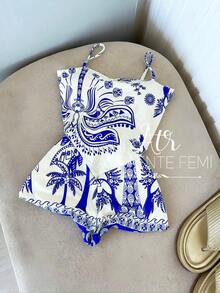 Launch Of The PONTA TUCANO Women's Set: Shorts + Blouse With Padding, Coconut Tree Landscape Design. - Blue - View 1