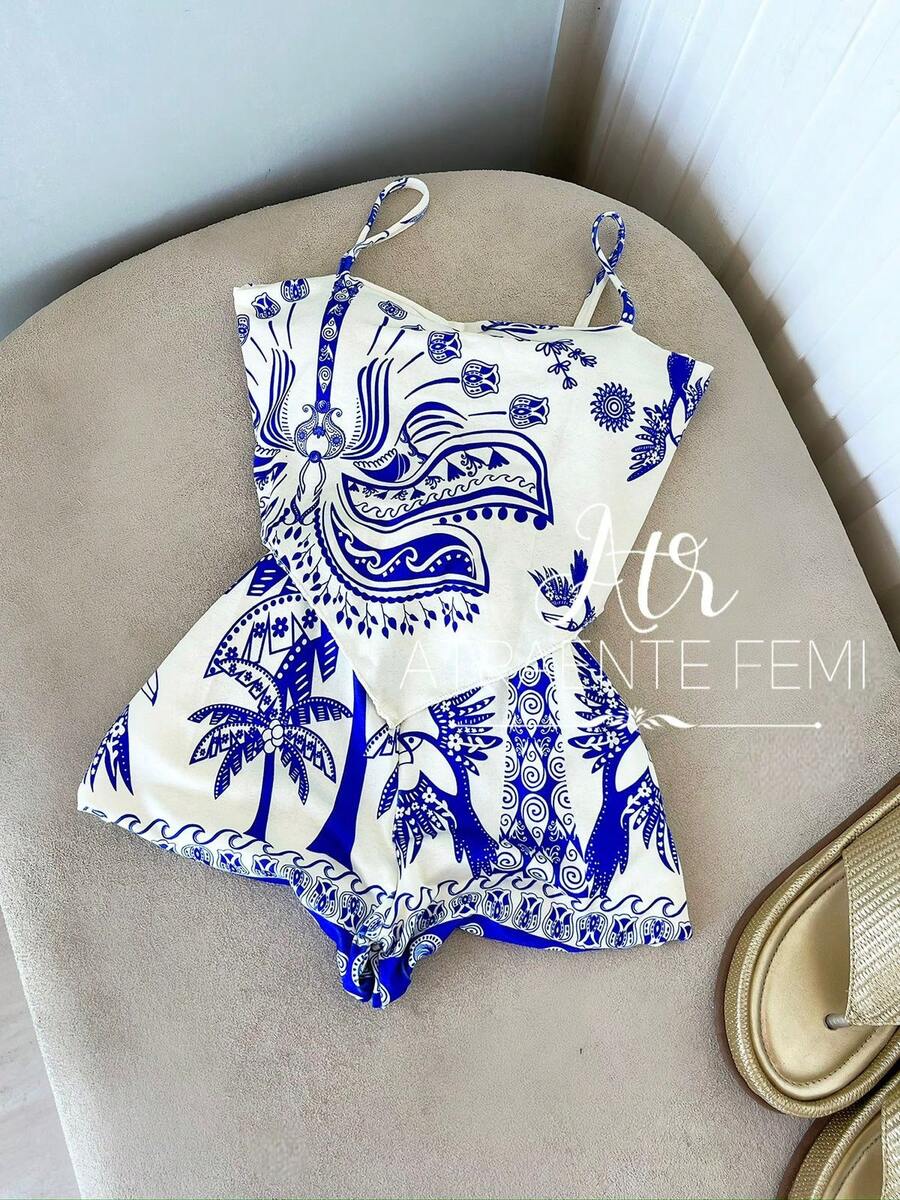 Launch Of The PONTA TUCANO Women's Set: Shorts + Blouse With Padding, Coconut Tree Landscape Design. - Blue - View 1