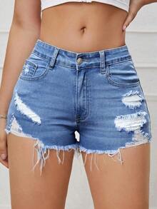 Ripped Raw Trim Denim Shorts Y2k - 中度洗滌 2 - 查看 2