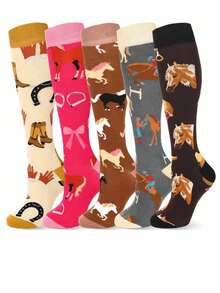1/4/6 双随机马图案男女通用小腿袜，时尚耐穿过膝袜 - 彩色 - 查看 2