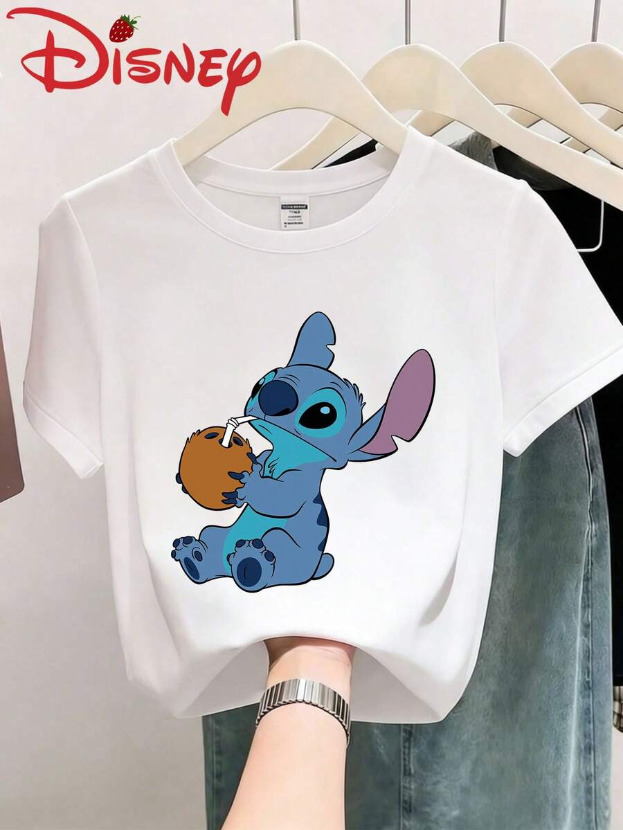 Disney Summer Clothing Stitch Drinking Coconut Cartoon Print, Pure Cotton Round Neck Slim Fit Short Sleeved T-Shirt, Suitable For Daily, Outdoor And Party Wear - 白色 - 查看 1