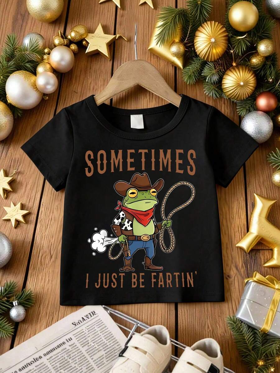 Cowboy Frog "Sometimes I Just Be Fartin" Cartoon Print Short-Sleeve T-Shirt For Children And Babies, A Stylish And Casual Round-Neck Top Suitable For Boys And Girls To Wear All Year Round. - 黑色 - 查看 1