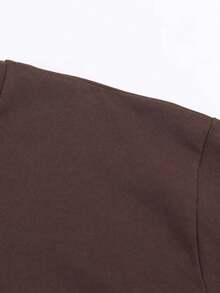 Solid Color Contrast Lace Short Sleeve T-Shirt, Spring/Summer Casual - Coffee Brown - View 5