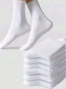 5 Pairs Women's Black & White Vertical Stripe Mid-Calf Socks, One Size 35-43, Couple Long Socks, 1/5/10/20/Pairs - White - View 1