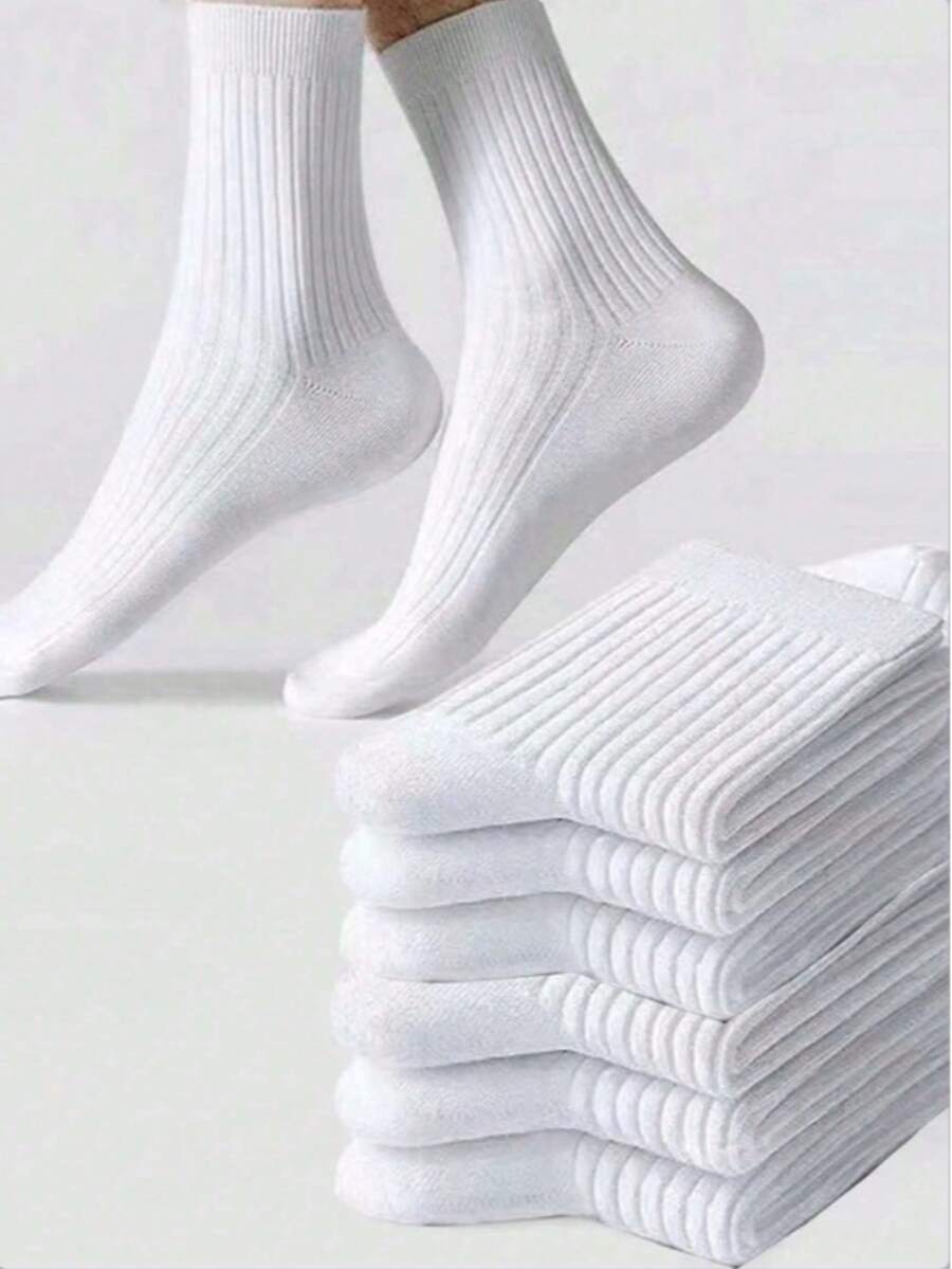 5 Pairs Women's Black & White Vertical Stripe Mid-Calf Socks, One Size 35-43, Couple Long Socks, 1/5/10/20/Pairs - White - View 1