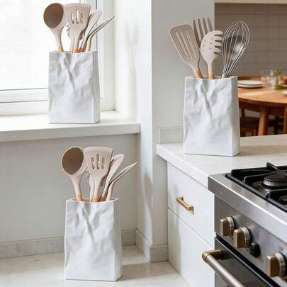 1 pieza Organizador de cocina multifuncional de resina, soporte de almacenamiento de cocina blanco, diseño creativo con forma de bolsa de papel, adecuado para encimera, palillos, espátulas y utensilios de cocina